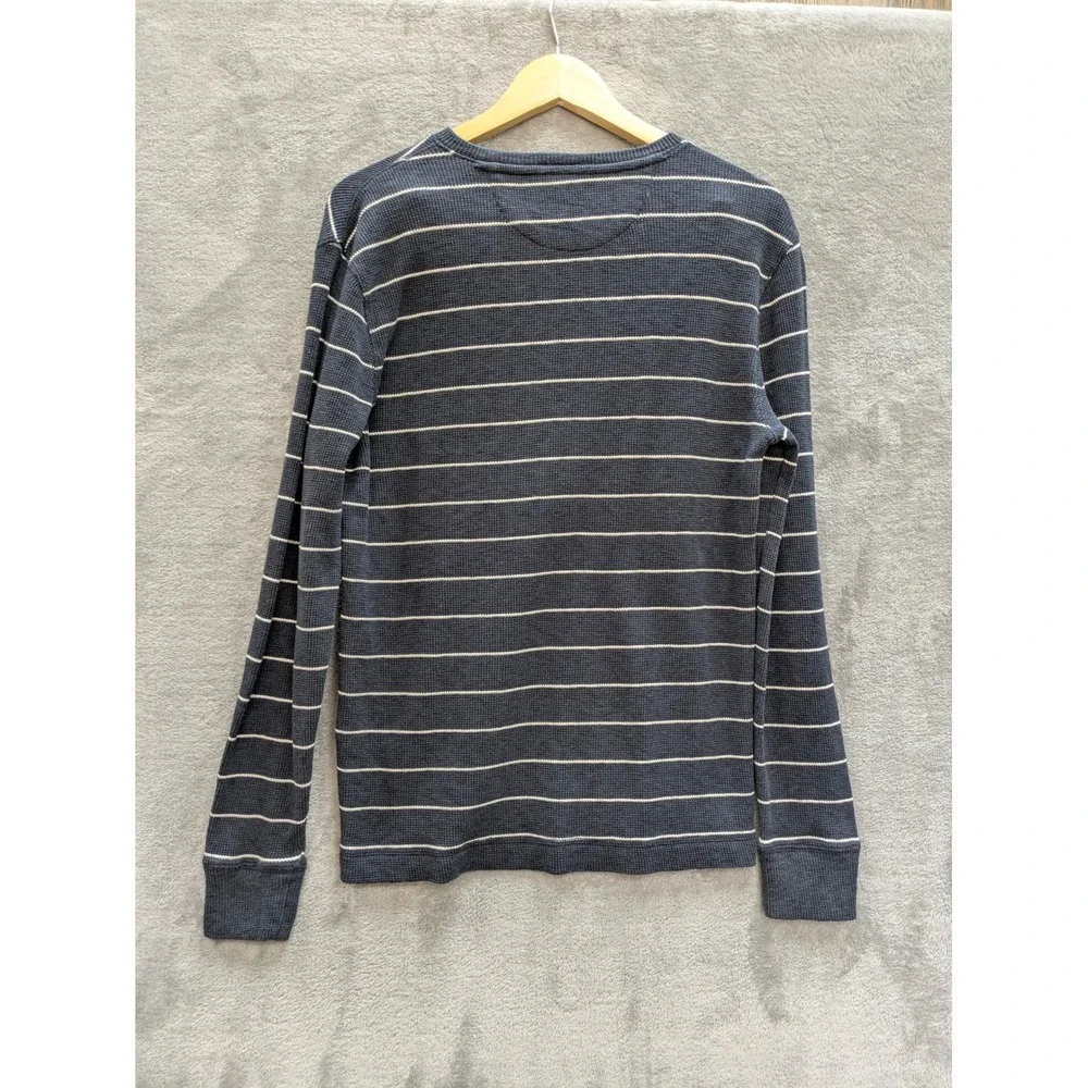 Classic Waffle Knit Thermal Shirt Mens Medium Navy Blue Striped Long Sleeve